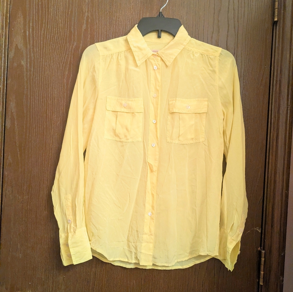 J Crew Women's 2T 100% Silk Green/Yellow L/S Shirt